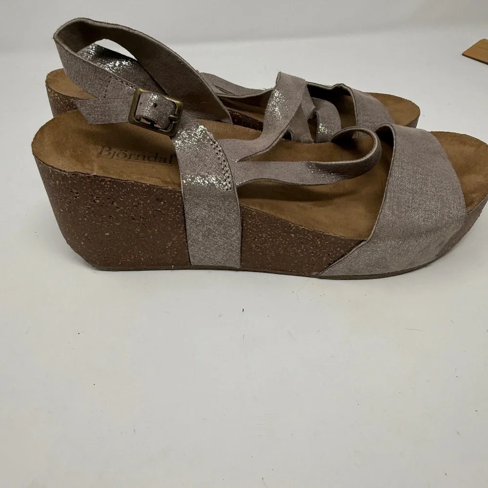 Bjorn Dahl Taupe Wedge Sandals Slingback Cork Platform Strappy Size 7‎